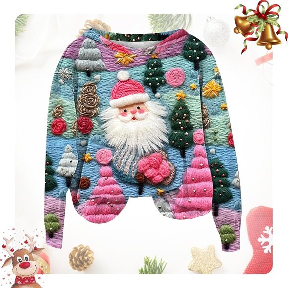 Yinbwol Women Blue Long Sleeve Oversize Round Neck Pullover Christmas Sweatshirt - Picture 4 of 7